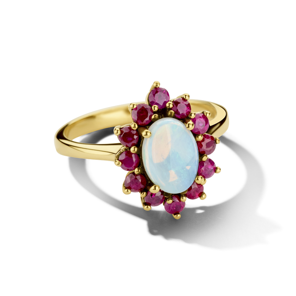gouden ring, robijn 0.492ct en opaal 0.80ct mt54