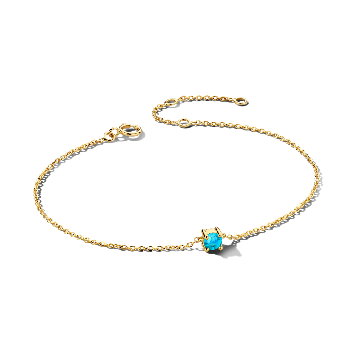 14k Geelgouden armband met een geboortesteen. De aquamarijn heeft een steengewicht van 0.20ct. De armband heeft draaglengtes van 15.5, 17 en 18.5cm. De schakelbreedte is 1.0mm.