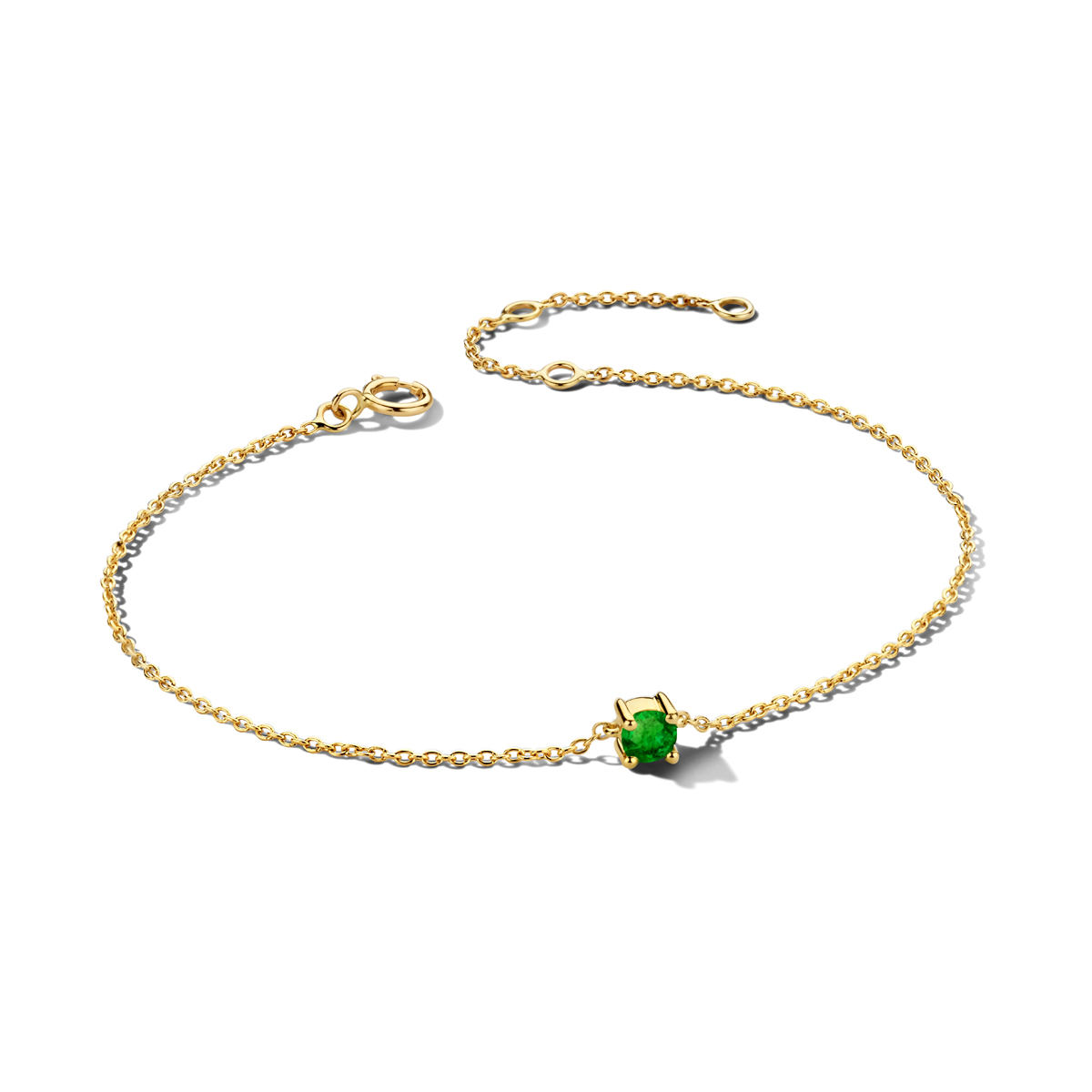14k Geelgouden armband met een geboortesteen. De smaragd heeft een steengewicht van 0.20ct. De armband heeft draaglengtes van 15.5, 17 en 18.5cm. De schakelbreedte is 1.0mm.