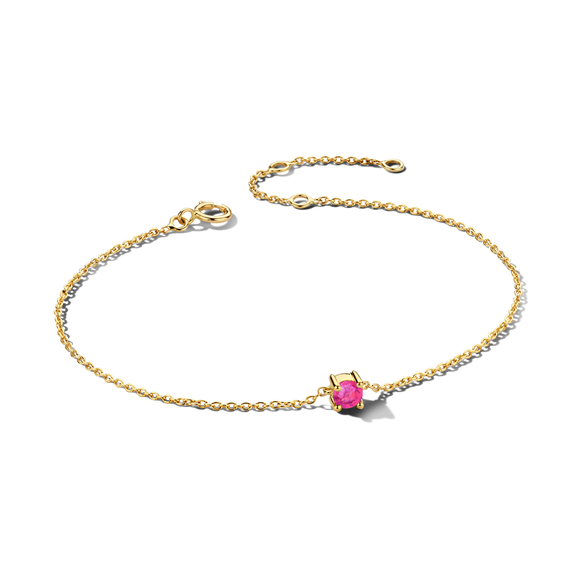 14k Geelgouden armband met een roze toermalijn geboortesteen. De toermalijn heeft een steengewicht van 0.18ct. De armband heeft draaglengtes van 15.5, 17 en 18.5cm. De schakelbreedte is 1.0mm.