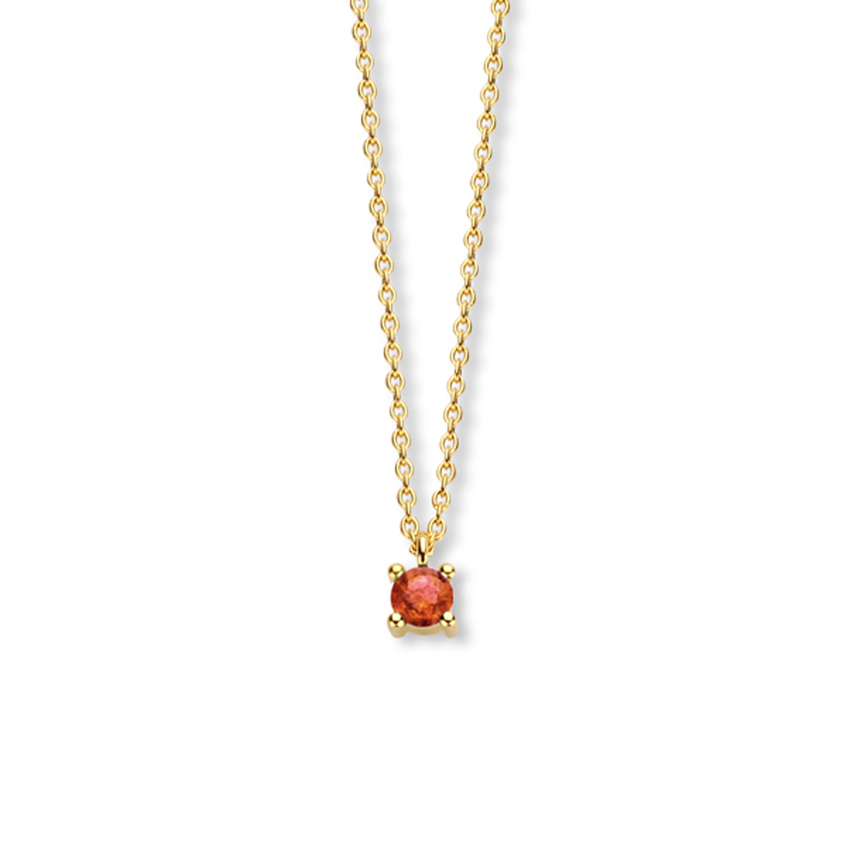 14k Geelgouden collier met een granaat geboortesteen. De granaat heeft een steengewicht van 0.25ct. Het collier heeft draaglengtes van 40, 42 en 44cm. De schakelbreedte is 1.0mm.