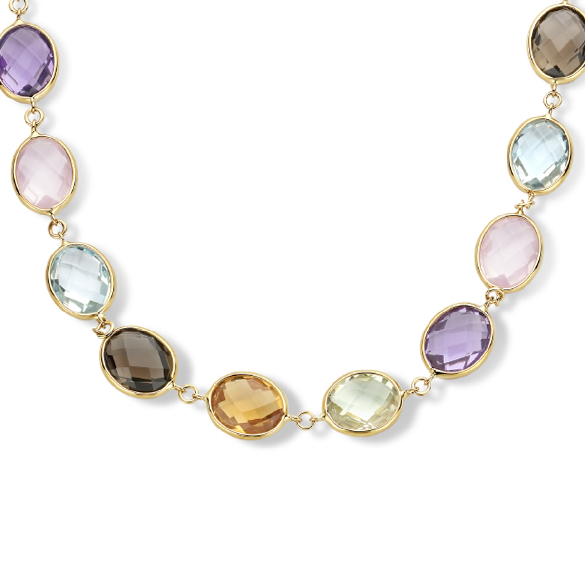 14k Geelgouden collier met verschillende stenen zoals: citrien, rookkwarts, groen amethyst, amethyst, roze kwarts en licht blauw topaas. Iedere steen heeft een steengewicht van 1.80ct per stuk. Het collier heeft een draaglengte van 42cm en een extensie van 4cm.
