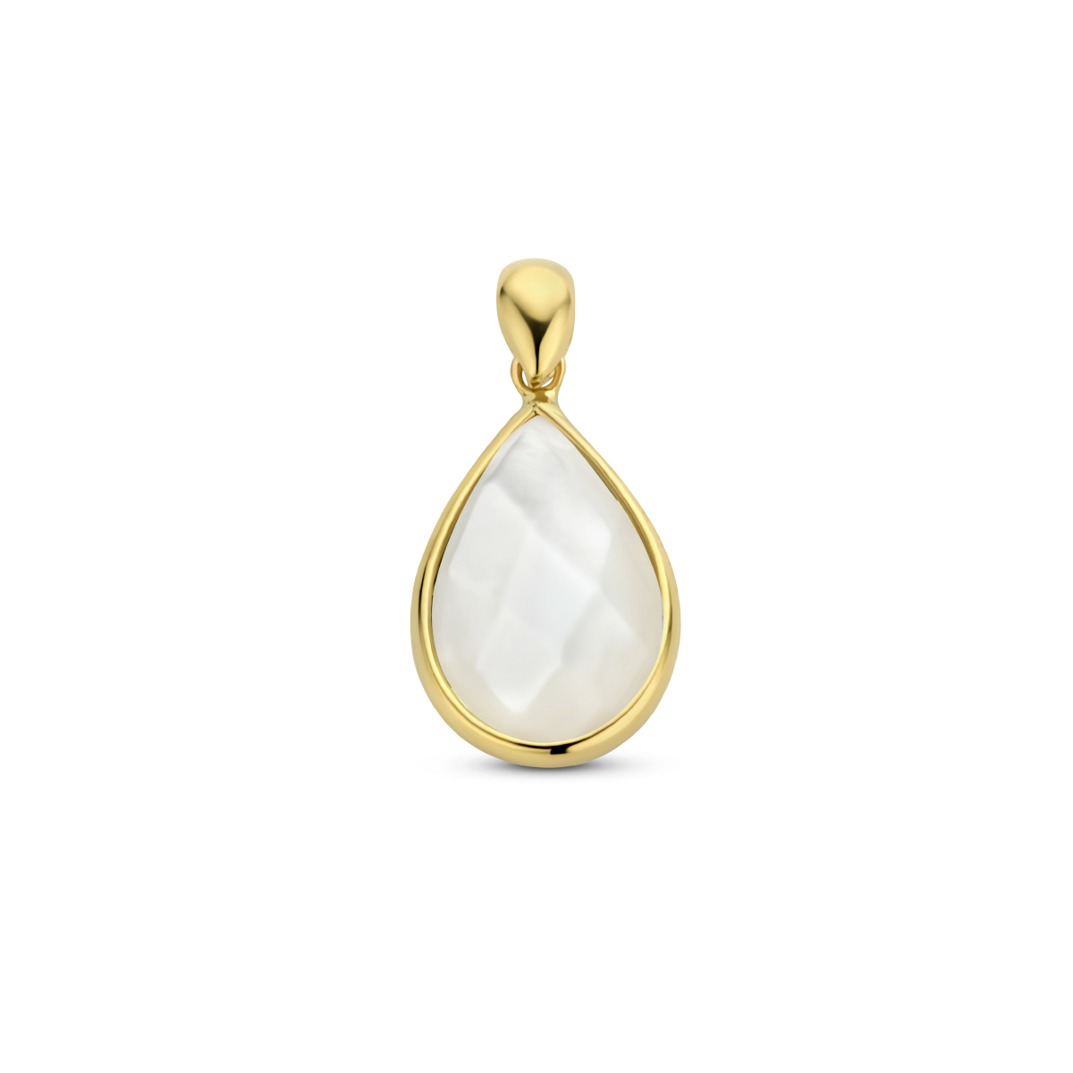Geelgouden hanger uitgevoerd met parelmoer. De hanger heeft een totale hoogte van 18mm.