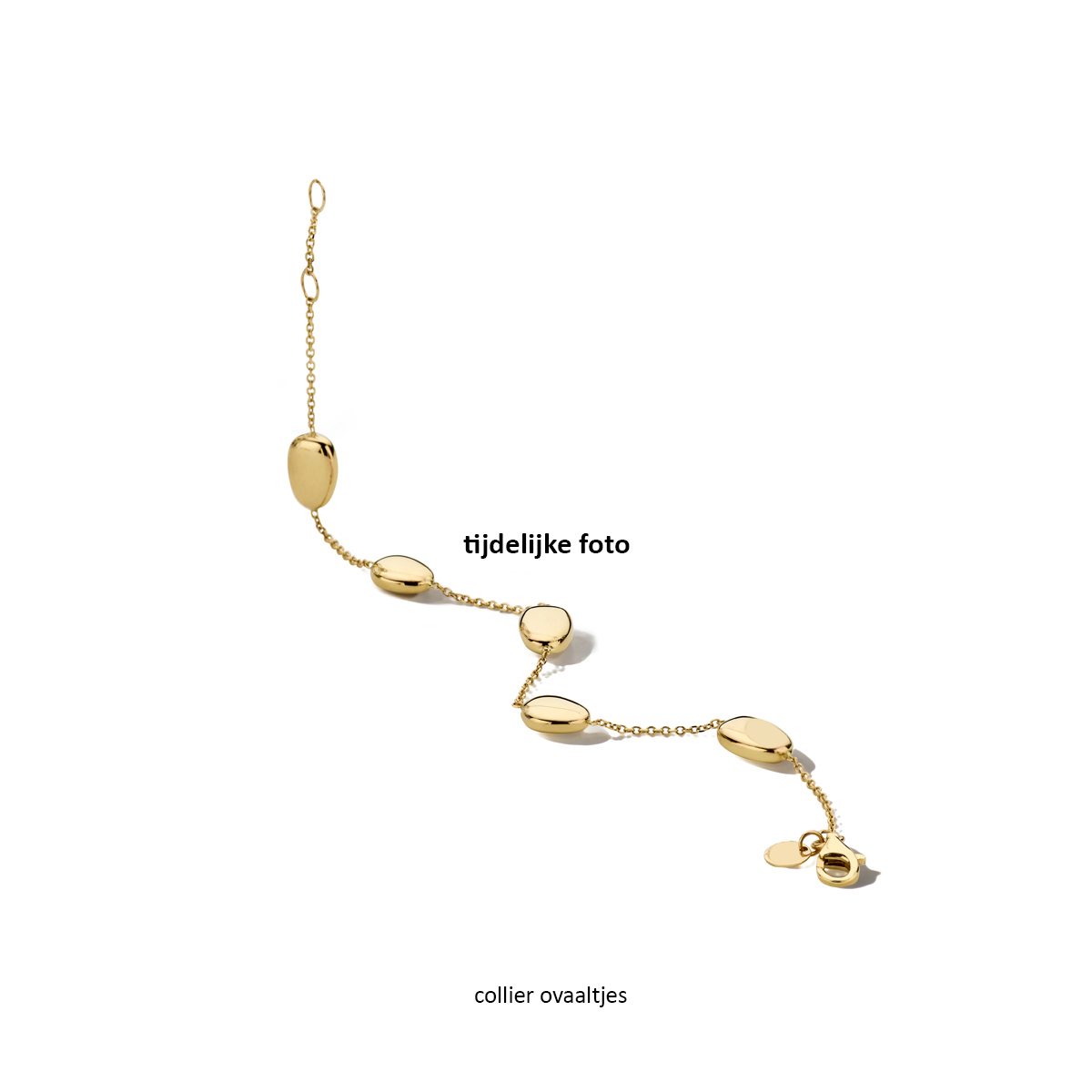14k Geelgouden collier uitgevoerd met ovaalvormige elementen en een karabijn sluiting. Het collier heeft draaglengtes van 42 en 45cm. De schakelbreedte is 1.1mm.