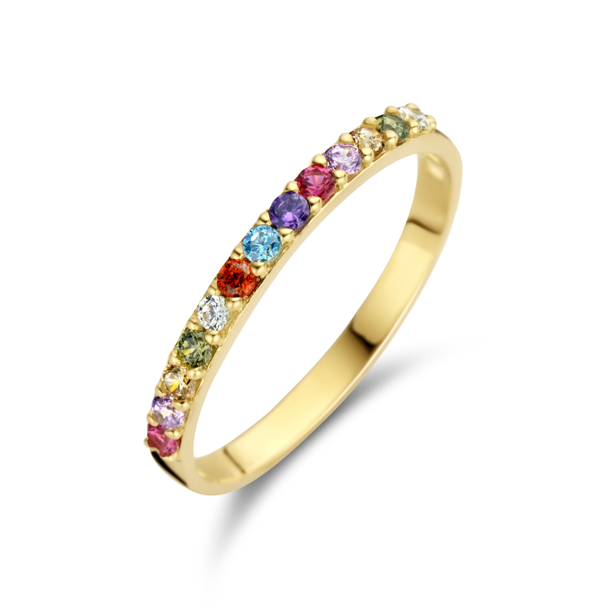 14k Geelgouden ring uitgevoerd met gekleurde zirkonia.