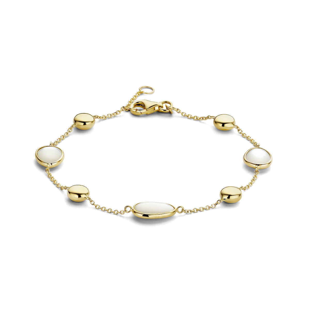 14k Geelgouden armband uitgevoerd met parelmoer. De armband heeft een schakelbreedte van 1.1mm en is uitgevoerd met een karabijnsluiting. De draaglengtes zijn 17.5 en 19cm.