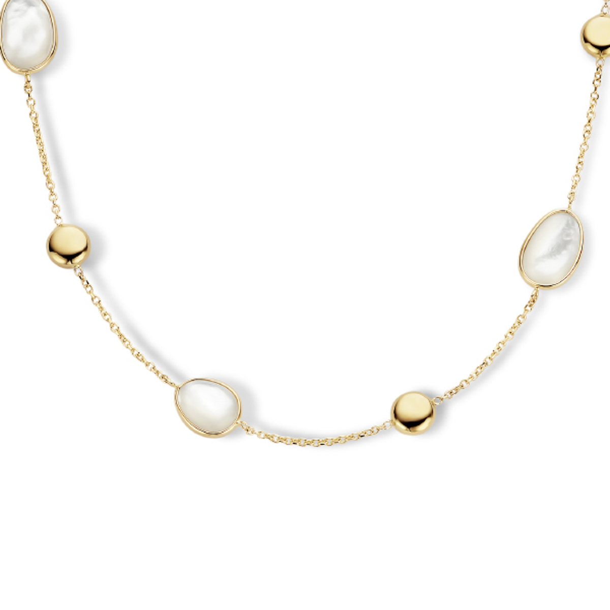 14k Geelgouden collier uitgevoerd met parelmoer. Het collier heeft een schakelbreedte van 1.1mm en is uitgevoerd met een karabijnsluiting. De draaglengtes zijn 42, 45 en 48cm.