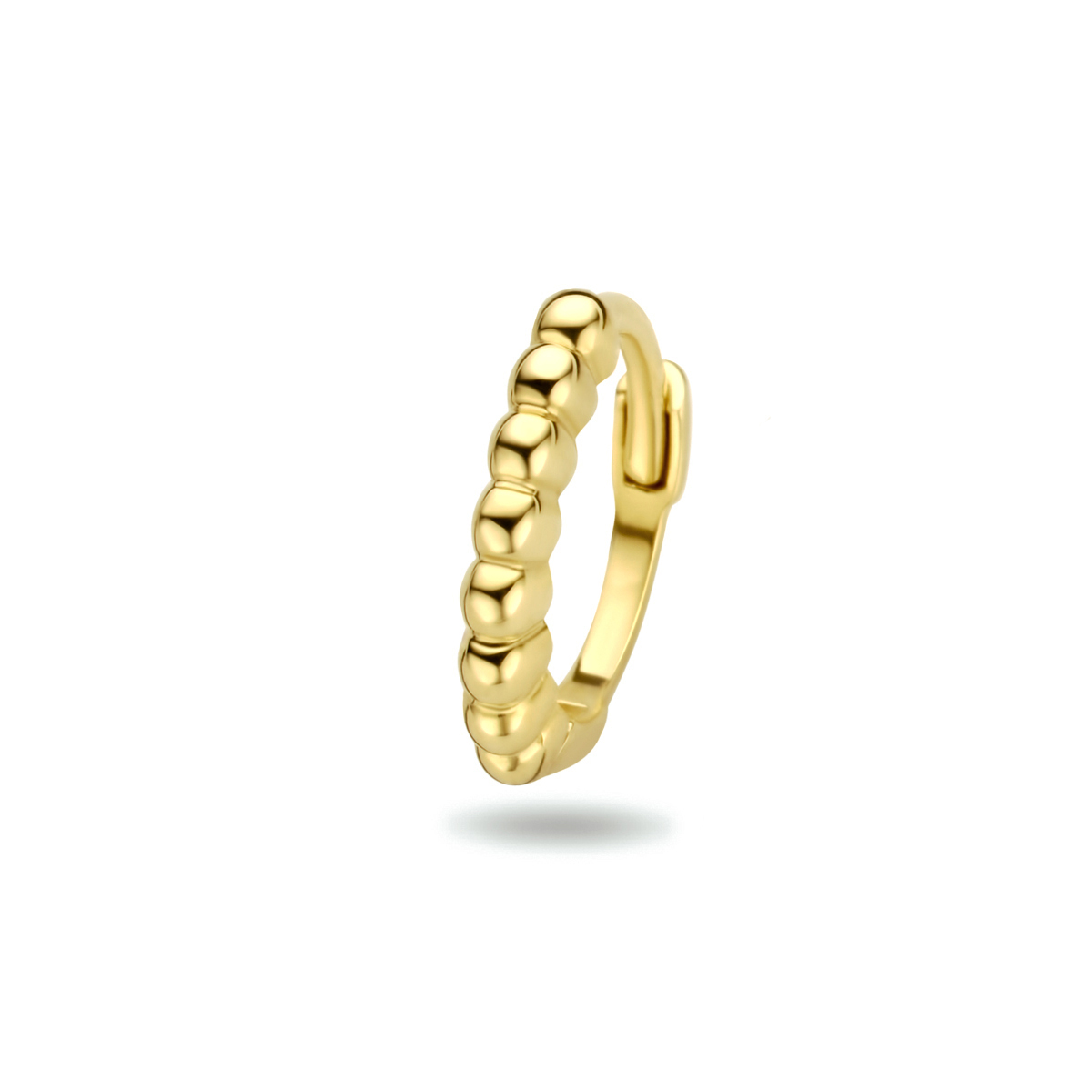 14k Geelgouden klapoorring uitgevoerd met bolletjes. De oorring heeft een diameter van 10mm en een dikte van 1.7mm. Deze oorsieraden worden per stuk verkocht ipv per paar.