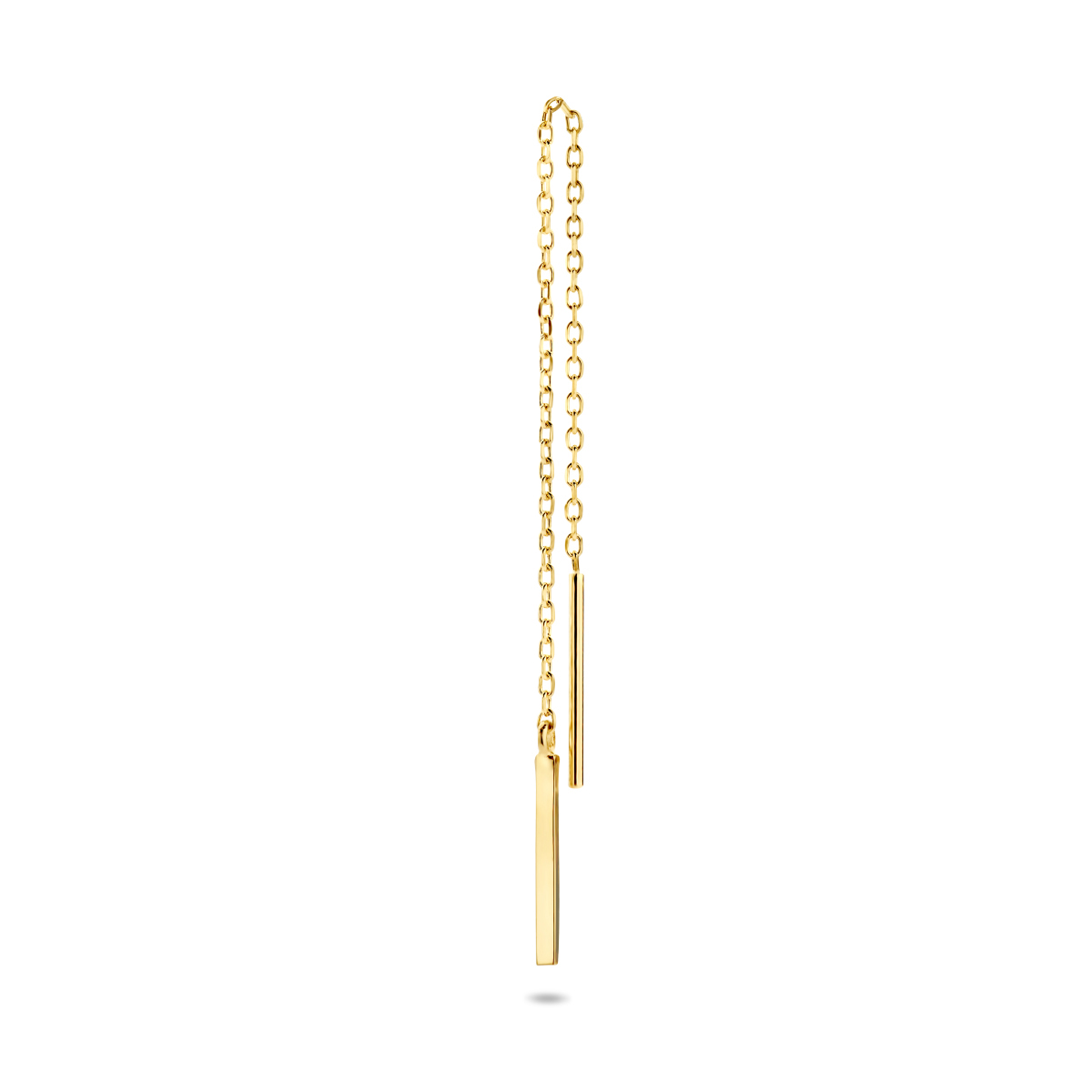 14k Geelgouden doortrekoorbel uitgevoerd met een balkje. De oorbel heeft een totale lengte van 7cm. Het balkje heeft een afmeting van 10.5x1mm.  