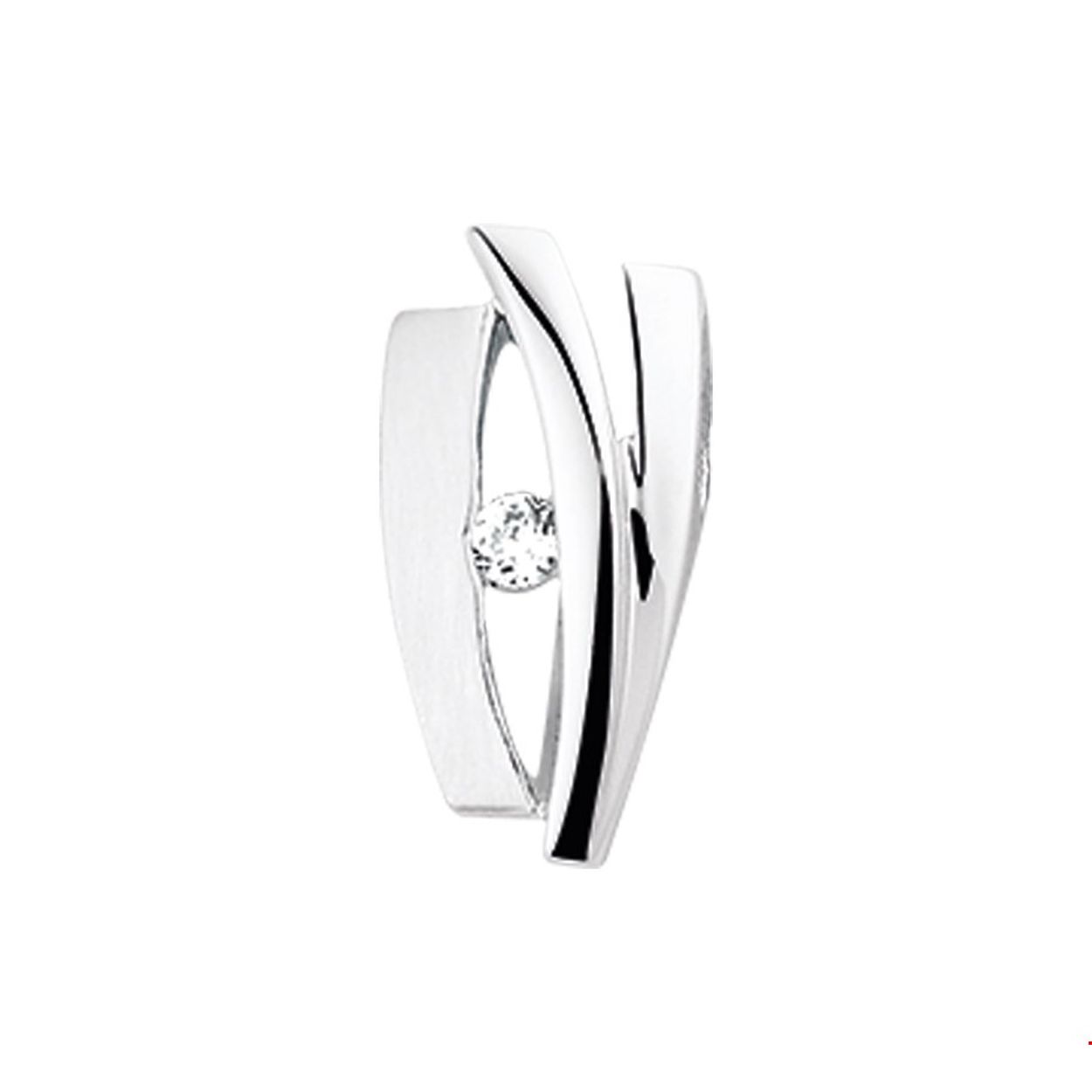 Witgouden hanger met zirkonia. 

Breedte: 8 mm
Hoogte: 15.5 mm
Zetting: solitaire (span zetting)