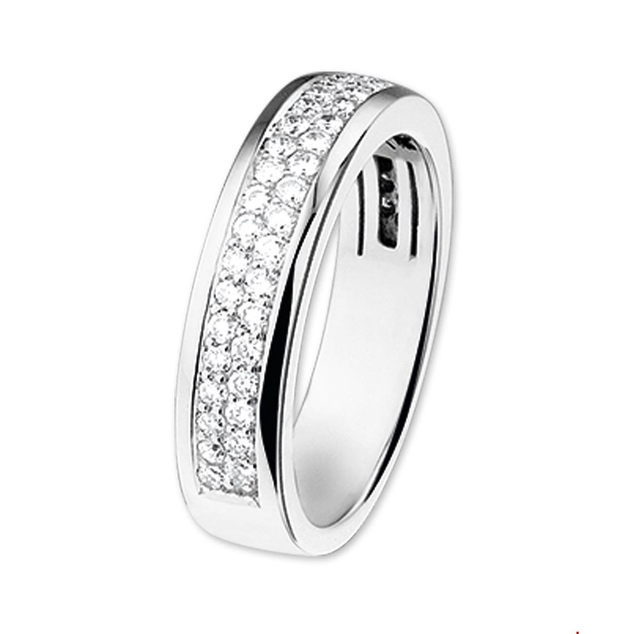 Een 14 karaats witgouden ring met diamant 0.50crt SI pavé gezet
Breedte: 5 mm maat 17,50
