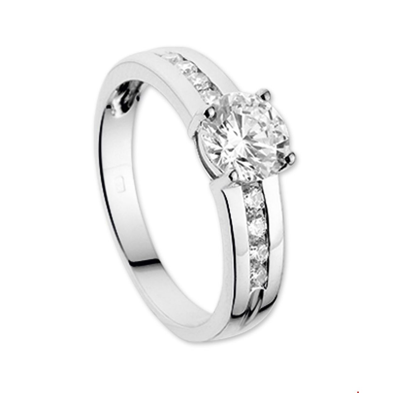 14k witgouden ring met zirkonia. De middensteen is 6mm met aan beide kanten 4 kleinere zirkonia's, gezet in een railszetting.
