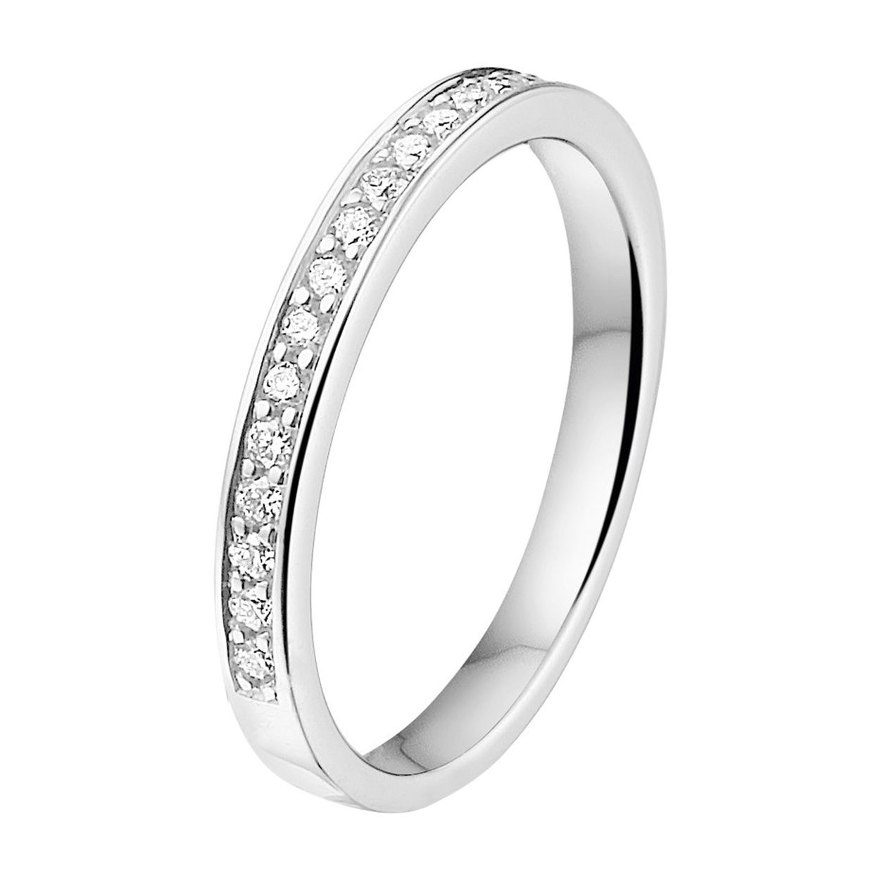 Een 14 karaats witgouden rijring met 0.25 crt SI diamant
Ringmaat: 17.50 mm (55) Breedte: 2.5 mm