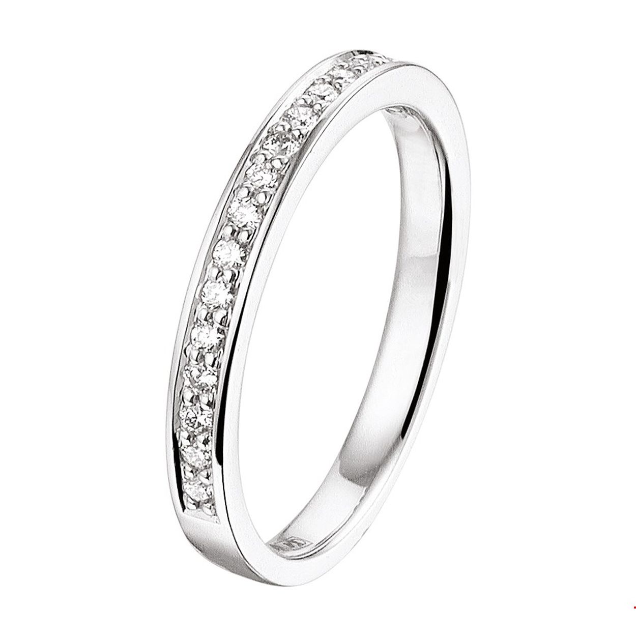 Een 14 karaats witgouden rijring 0.25crt SI diamant.
Ringmaat: 18.00 mm (57) Breedte: 2.5 mm