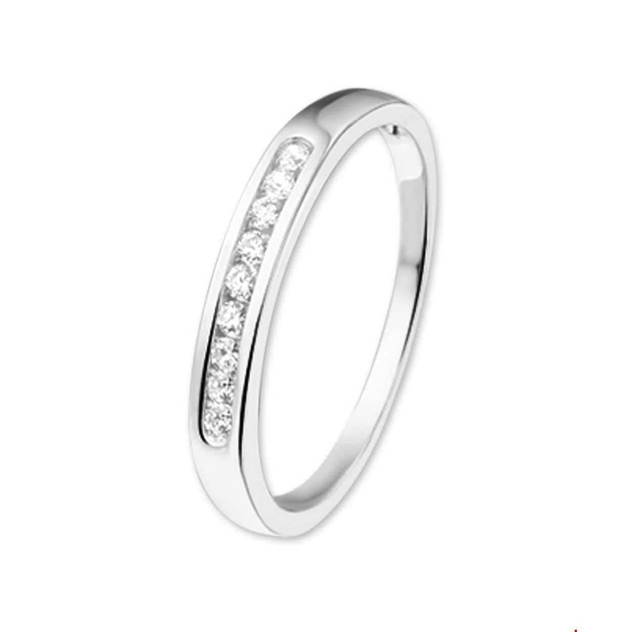 Beschrijving: Witgouden ring met zirkonia.

Ringmaat: 18.00 mm (57)
Breedte: 3 mm
Zetting: alliance (rail zetting)