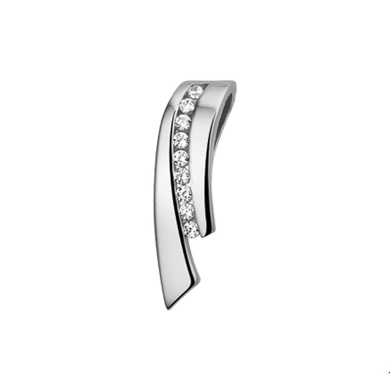 Witgouden hanger met zirkonia.
Breedte: 5.5 mm
Hoogte: 20 mm
Zetting: entourage (rail zetting)