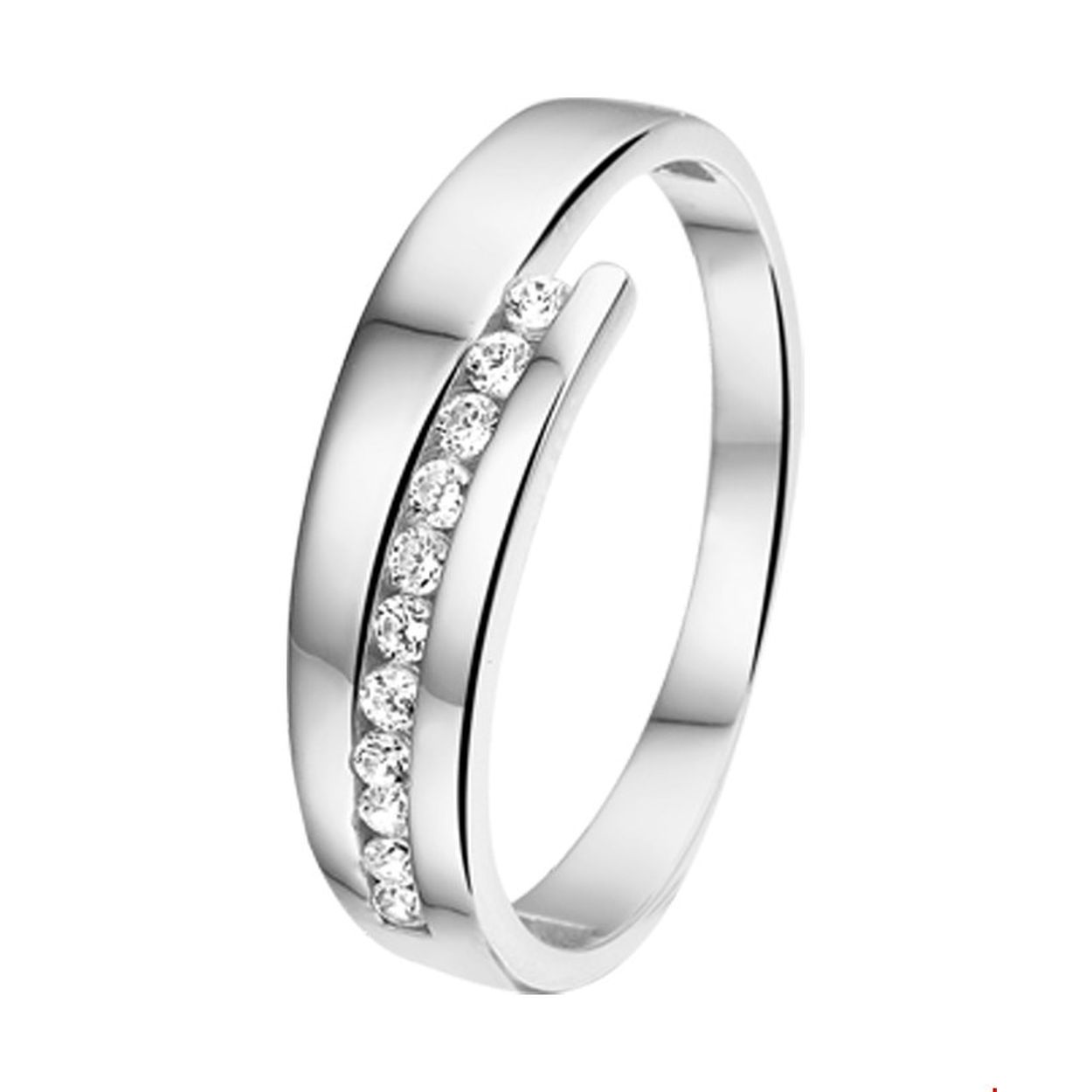 Beschrijving: Witgouden ring met zirkonia. 
Uniekenummer serie: 29324
Verpakt per: 1
Doelgroep: dames
Ringmaat: 17.25 mm (54)
Breedte: 6 mm
Zetting: entourage (rail zetting)