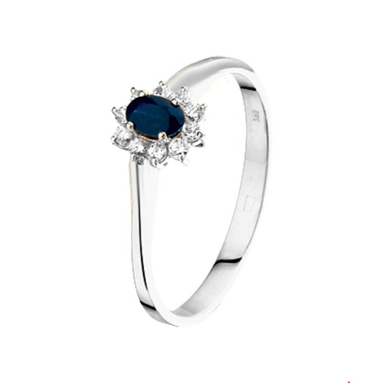 Beschrijving: Ring in de stijl van de bekende verlovingsring van prinses Diana. Sieraden met Koninklijke allure. Details: Witgouden ring met saffier en zirkonia. De ring is onderdeel van een set. 
Uniekenummer serie: 32393
Verpakt per: 1
Doelgroep: dames
Ringmaat: 16.50 mm (52)
Breedte: 7 mm