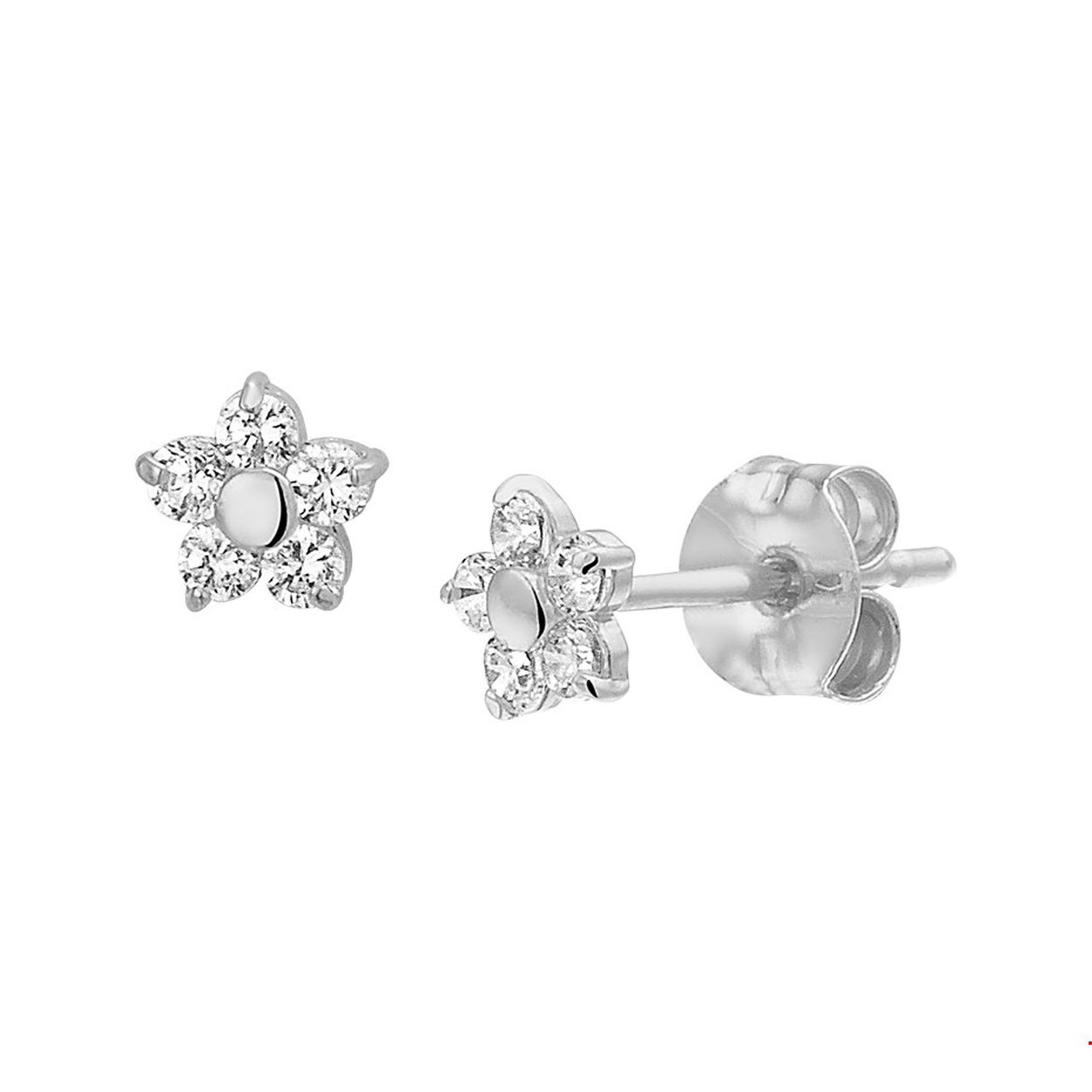 Witgouden oorknoppen met een bloem en zirkonia. 
Doelgroep: dames
Breedte: 4.5 mm
Hoogte: 4.5 mm