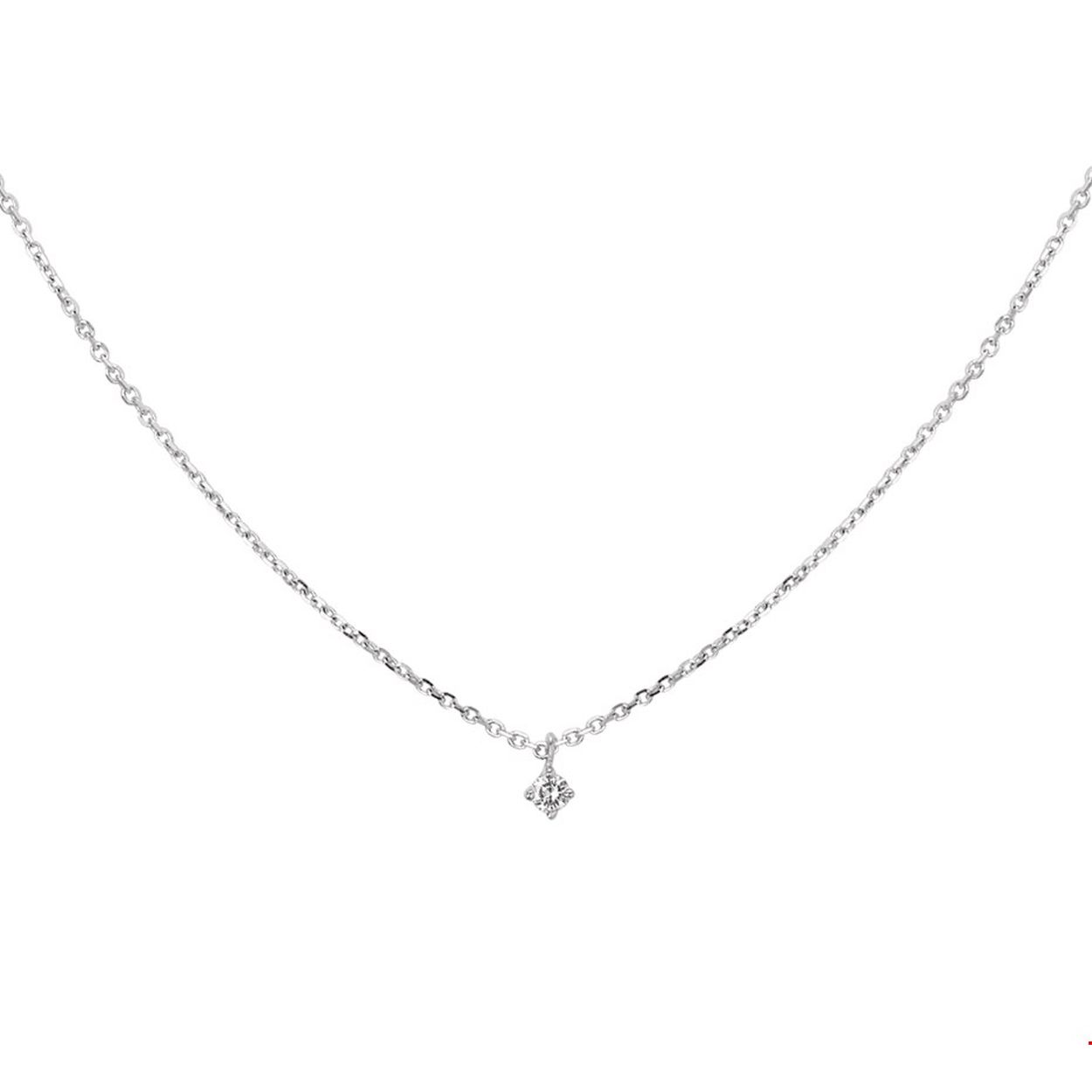 14k Witgouden collier met een diamant van 0.05ct en een karabijn sluiting. Met draaglengtes van 41, 43 en 45cm en de schakelbreedte is 1.25mm.