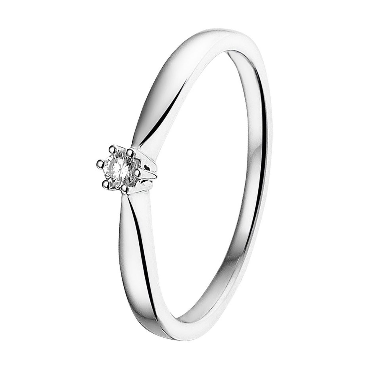Elegante witgouden ring van 3mm breed en uitgevoerd met een briljant geslepen solitaire diamant van 0.05ct. in een chaton zetting. De ring is perfect te combineren met ander sieraden uit onze collectie of uit je eigen stash!. Tip: Diamonds are girls best friends een perfect kado voor een geliefde of dierbare!.