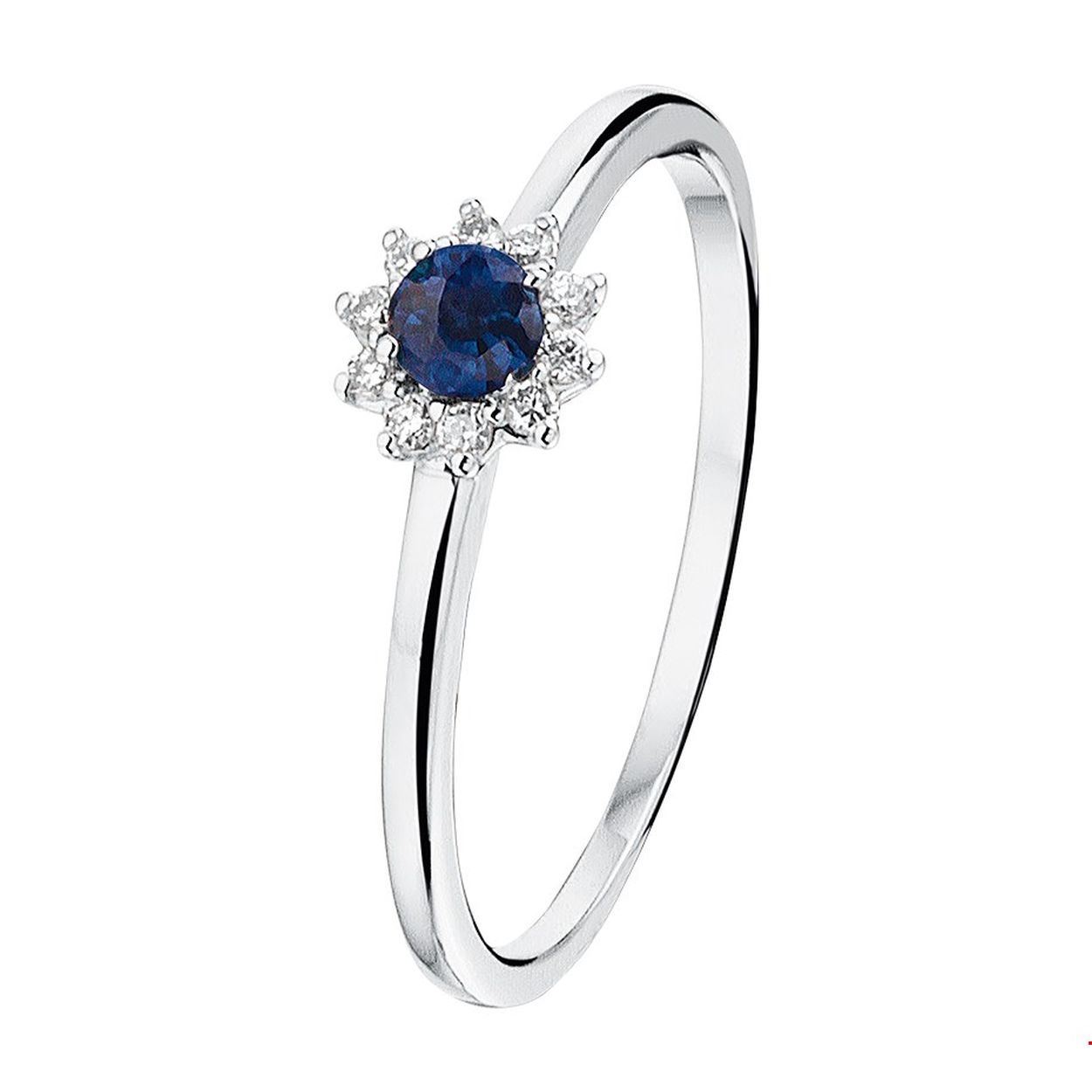 Saffier 3mm briljant geslepen met luxe rozet van diamant. Witgoud 14 karaat.