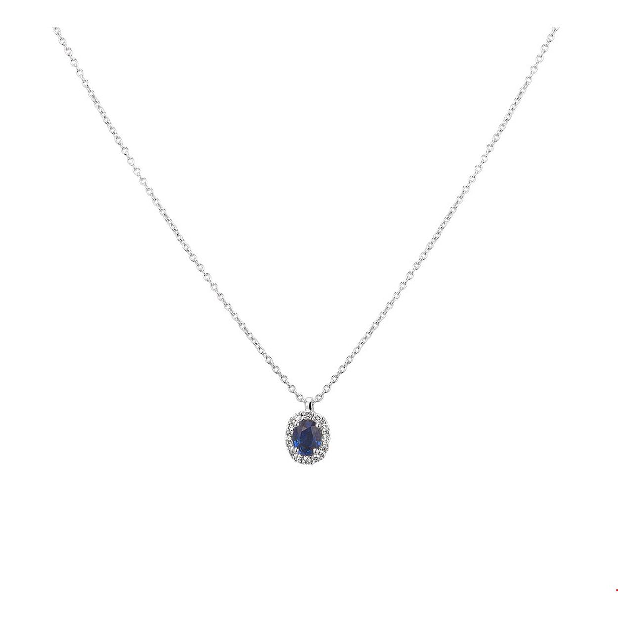 Chique witgouden 1mm anker collier met draaglengtes van 39cm 40.5cm en 42cm. Het collier heeft een hanger van 7.5x5mm uitgevoerd met een safier van 4x3mm en een luxe rijzetting van briljant geslepen diamant 0.05ct.