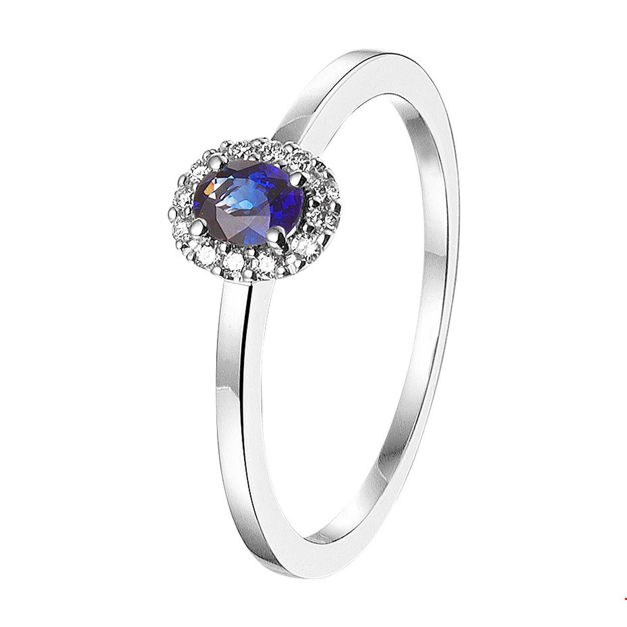 Chique witgouden ring van 6.5mm breed uitgevoerd met een saffier van 4.5x3.5mm en een luxe rozet van briljant geslepen diamant. De ring is te combineren met bijpassende sieraden uit onze collectie. Tip: Leuk om kado te geven!