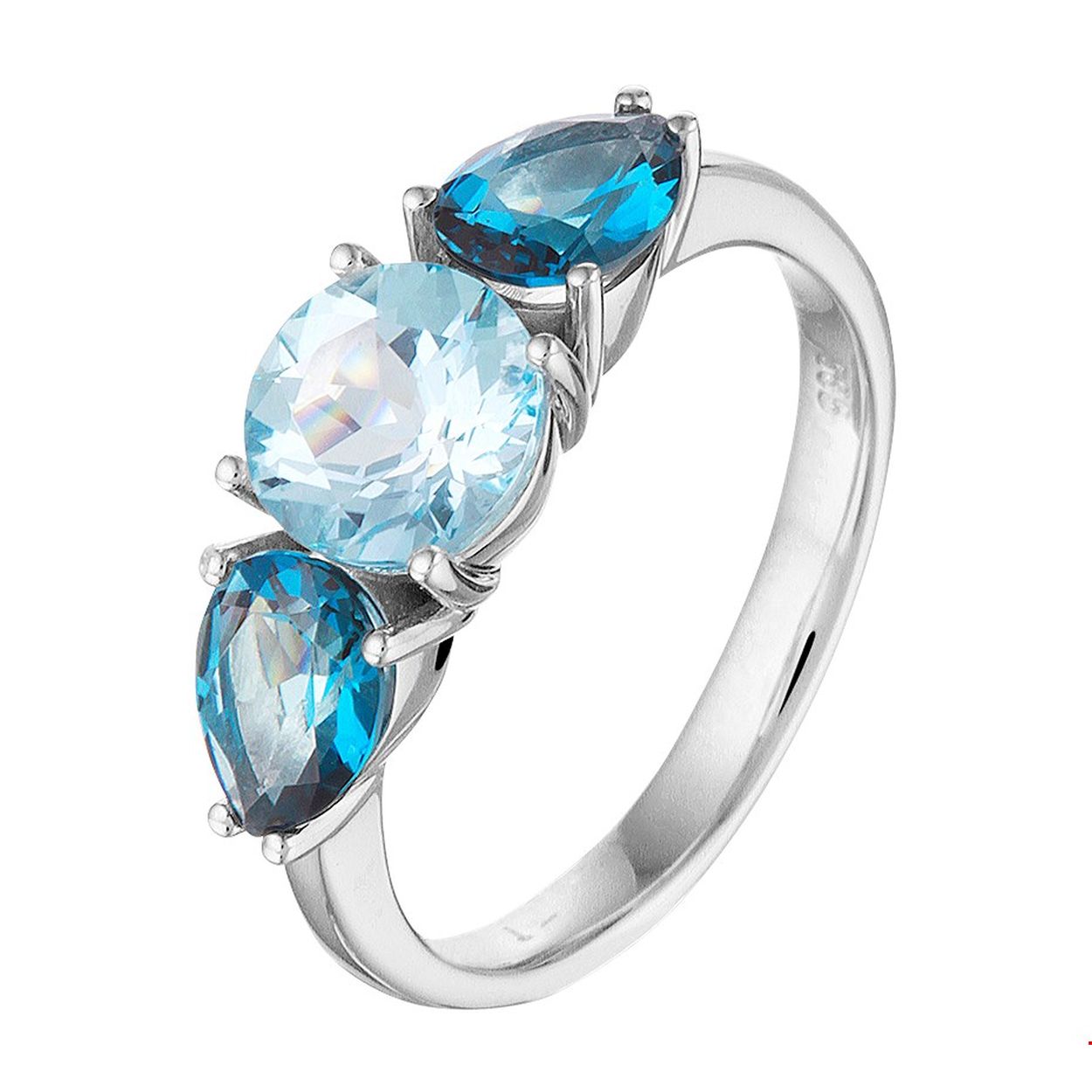 Beschrijving: Luxe witgouden ring uitgevoerd met twee druppelvormige London blue topaas stenen en een ronde blauw topaas. De combinatie van schitterende topaas stenen met witgoud maken dit sieraad tot een ware eyecatcher. Tip: Leuk om kado te geven! Zie je ze al stralen?