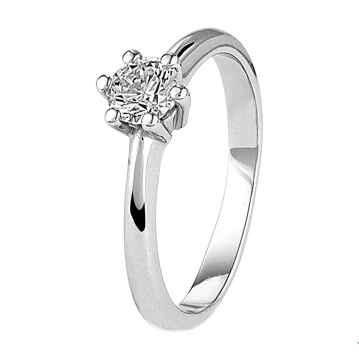 Klassieke witgouden ring uitgevoerd met een heldere zirkonia in een chaton zetting. De ring heeft een breedte van 6.5mm.