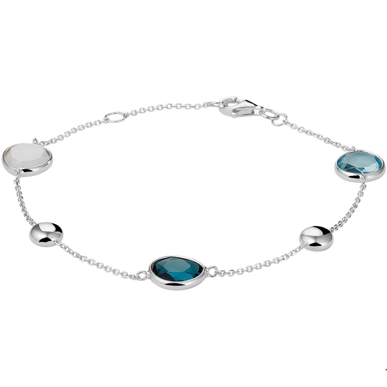 14k Witgouden anker armband uitgevoerd met schitterende edelstenen zoals: blauw topaas, London blue topaas en wit kwarts. De armband heeft draaglengtes van 17 en 19cm en een karabijn sluiting.