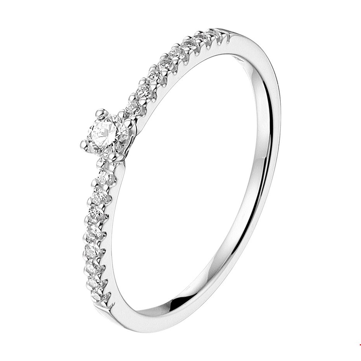 Beschrijving: Luxe 14k witgouden ring uitgevoerd met een schitterende diamant rij. De ring heeft een breedte van 3mm.