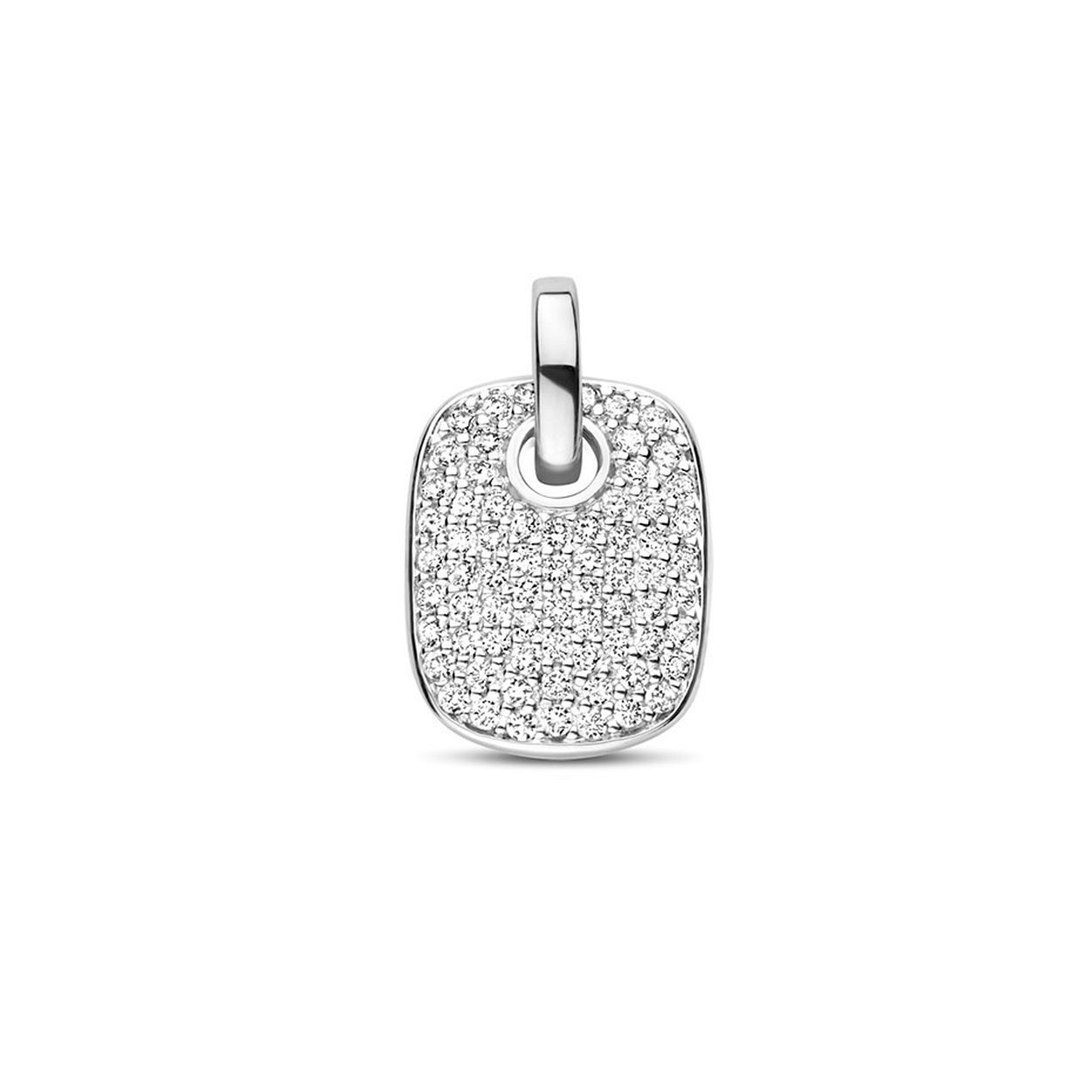 14k Witgouden hanger uitgevoerd met een schitterend diamant vlak. De hanger heeft een totale hoogte van 1.5cm en een breedte van 9.2mm.