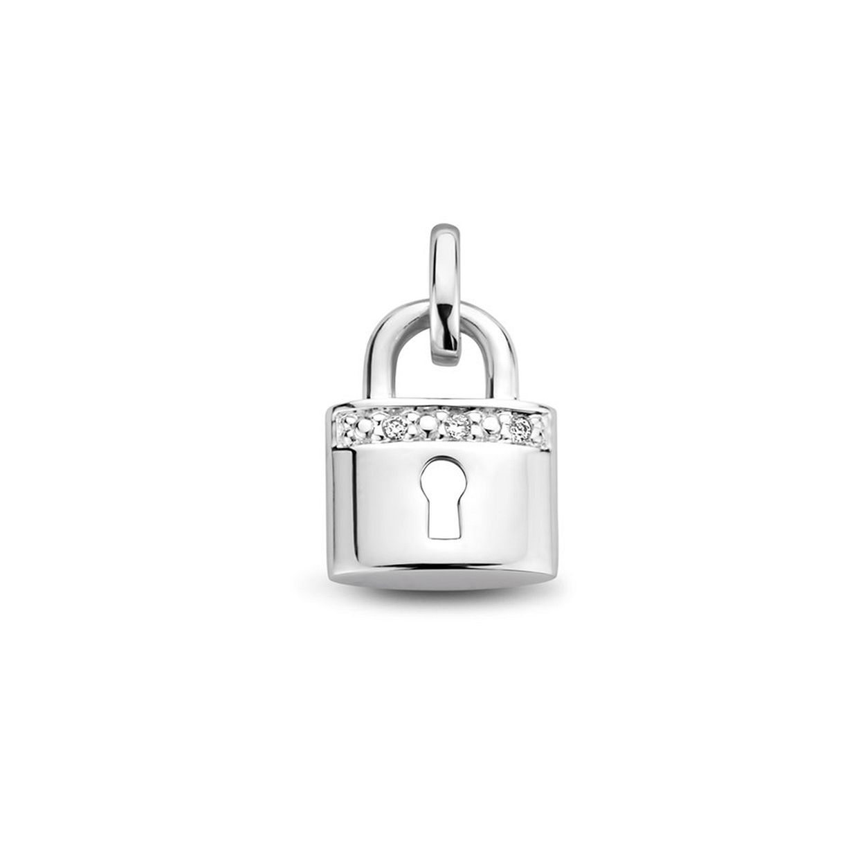 14k Witgouden hanger uitgevoerd in de vorm van een slotje met daarin een schitterende diamant rij. De hanger heeft een totale hoogte van 1.3cm en een breedte van 7.7mm.