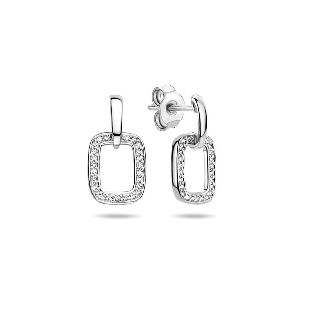 14k Witgouden oorhangers uitgevoerd met een schitterende diamant rij. De oorhangers hebben een totale hoogte van 1.6cm en een breedte van 8mm.