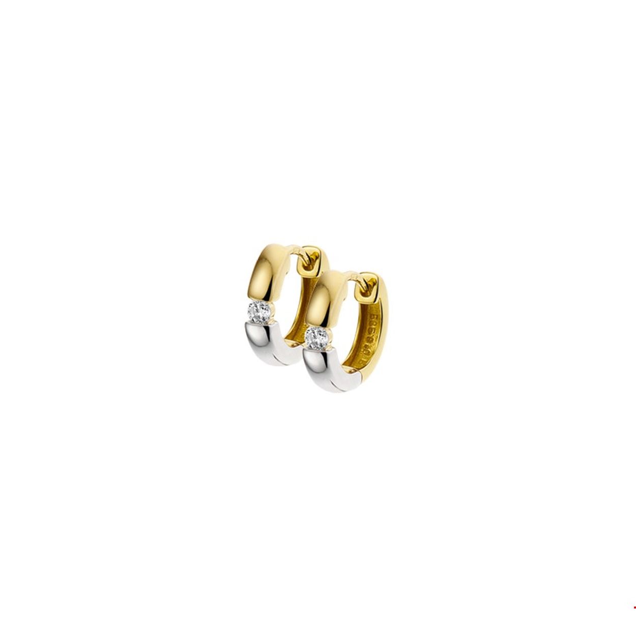 Beschrijving: Bicolor wit- en geelgouden klapcreolen met diamant. 
Verpakt per: 1
Doelgroep: dames
Breedte: 3 mm
Zetting: solitaire (span zetting)