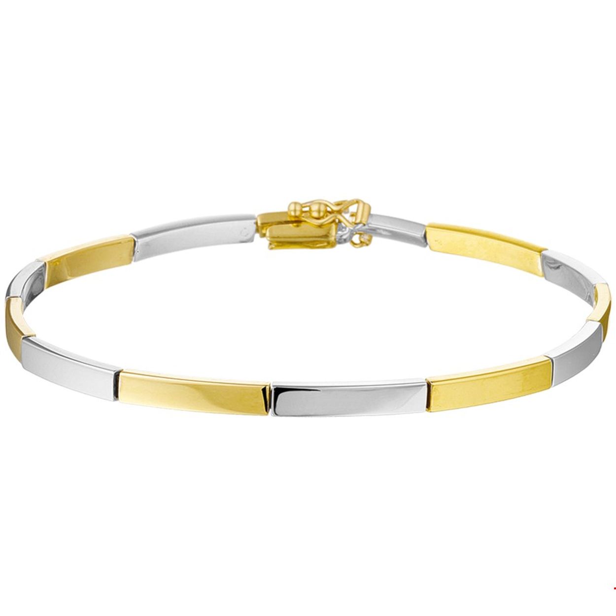 Beschrijving: Bicolor wit- en geelgouden armband met een poli afwerking. 
Verpakt per: 1
Doelgroep: dames
Breedte: 3.1 mm
Langste lengte: 19 mm