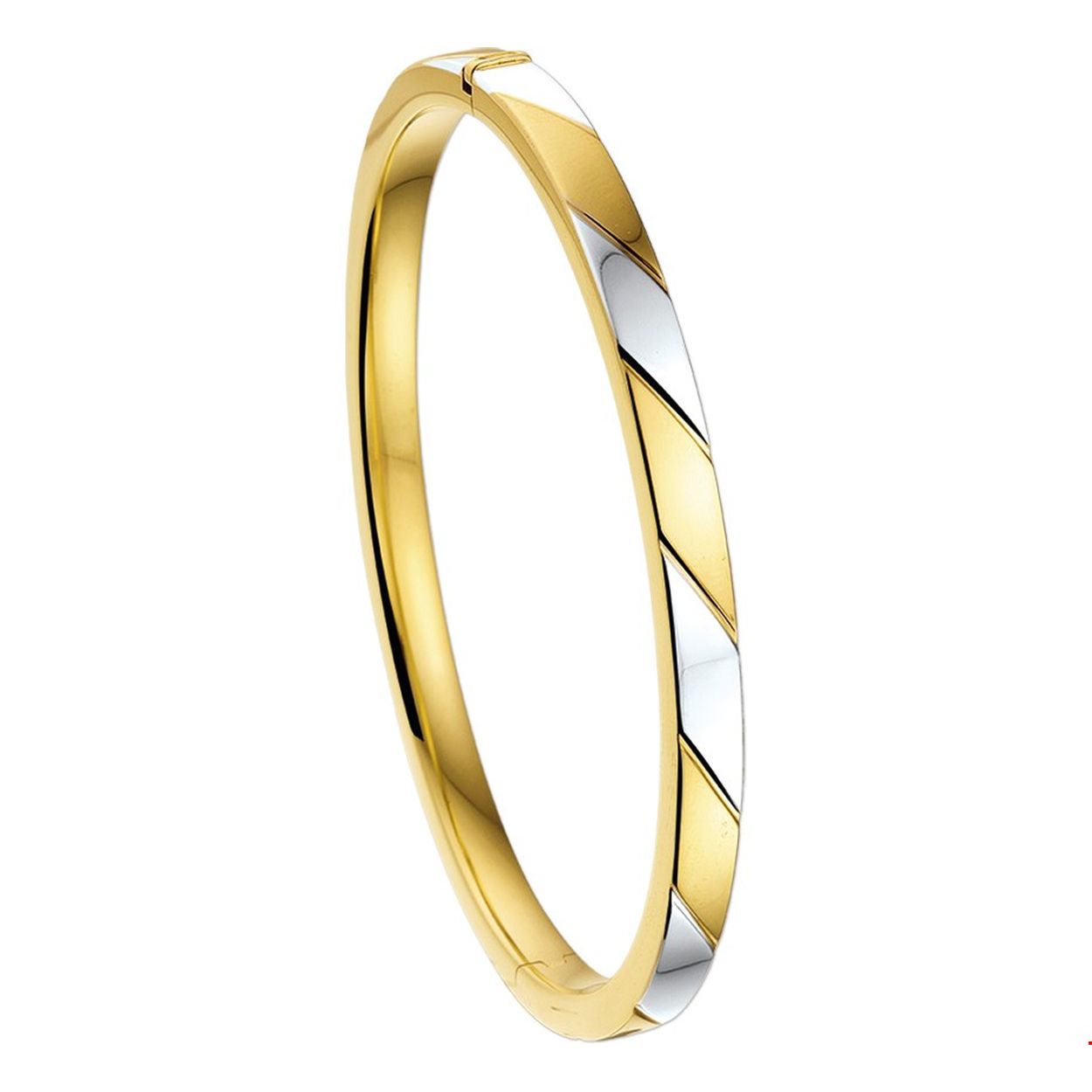 Beschrijving: Bicolor wit- en geellgouden slavenarmband met een vlakke buis en een scharnier-sluiting. 
Uniekenummer serie: 29967
Verpakt per: 1
Doelgroep: dames
Breedte: 6 mm