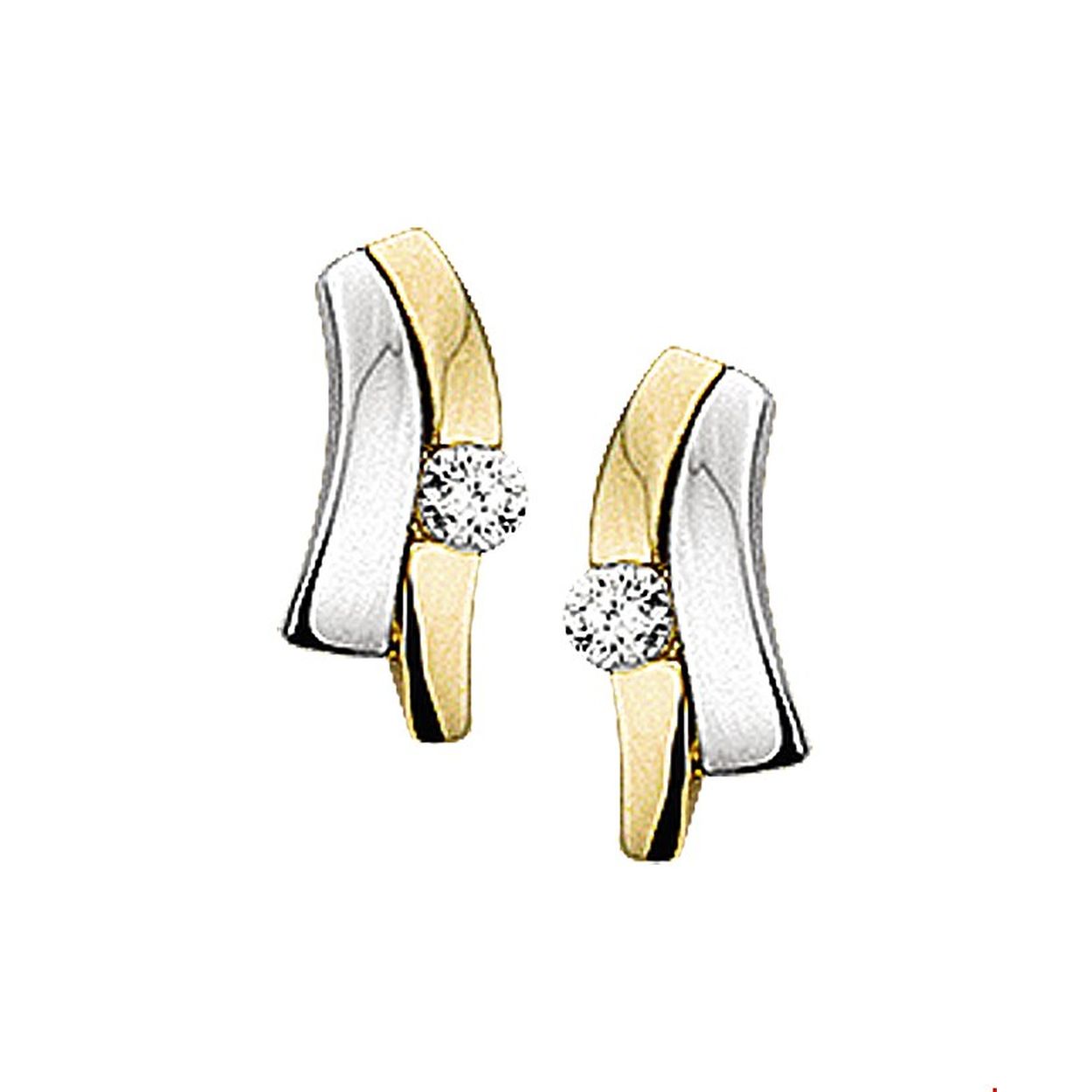Beschrijving: Bicolor wit- en geelgouden oorknoppen met zirkonia. 
Verpakt per: 1
Doelgroep: dames
Breedte: 4.5 mm
Hoogte: 11 mm
Zetting: solitaire (span zetting)