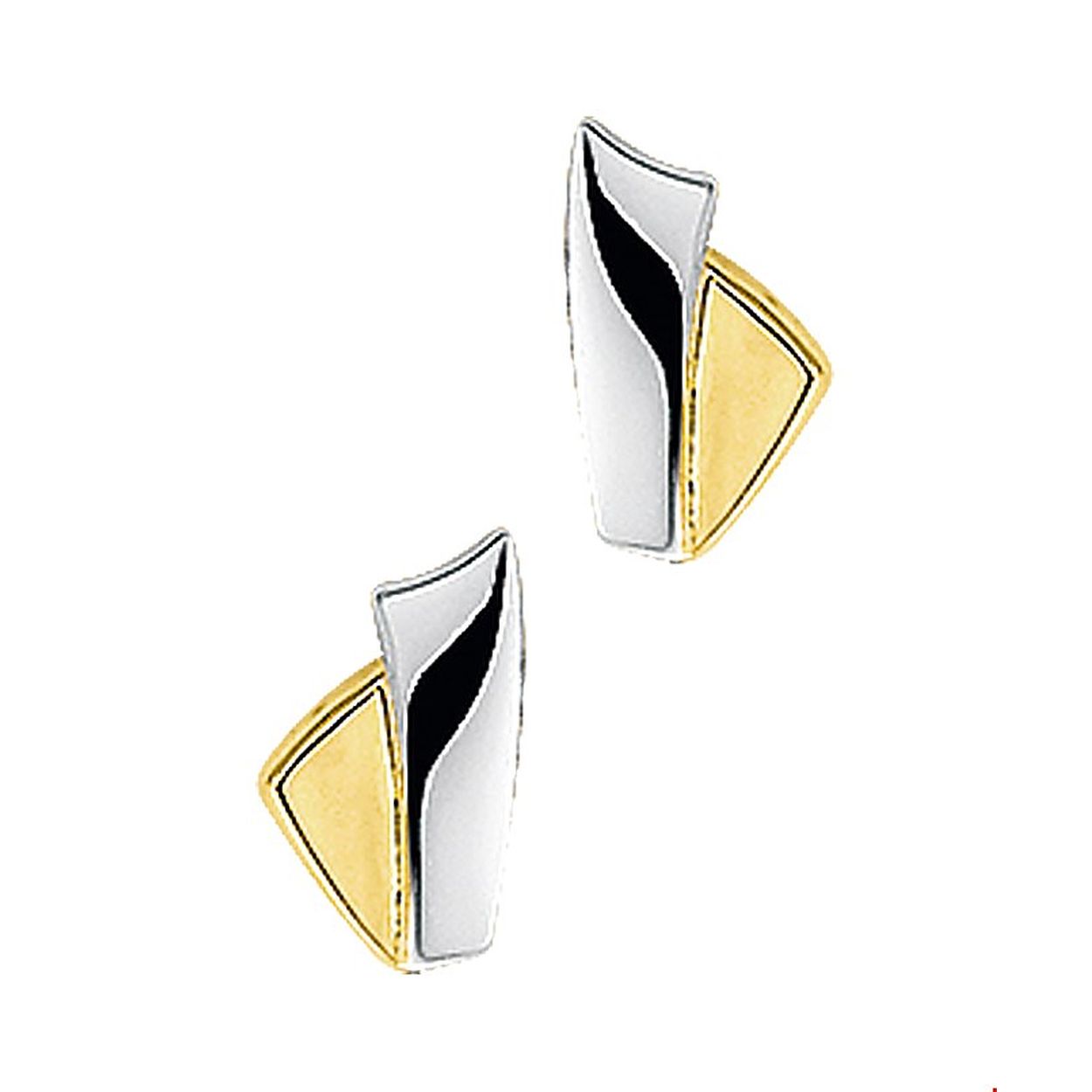 Bicolor wit- en geelgouden oorknoppen met een poli afwerking. 
Breedte: 6 mm
Hoogte: 9 mm