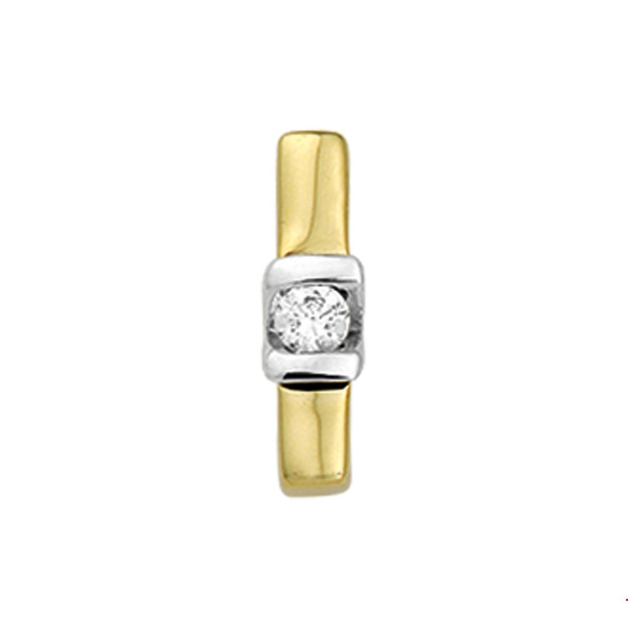 Bi-color gouden staaf hanger met zirkonia.
Breedte: 3.5 mm
Hoogte: 13.5 mm
Zetting: solitaire (span zetting)