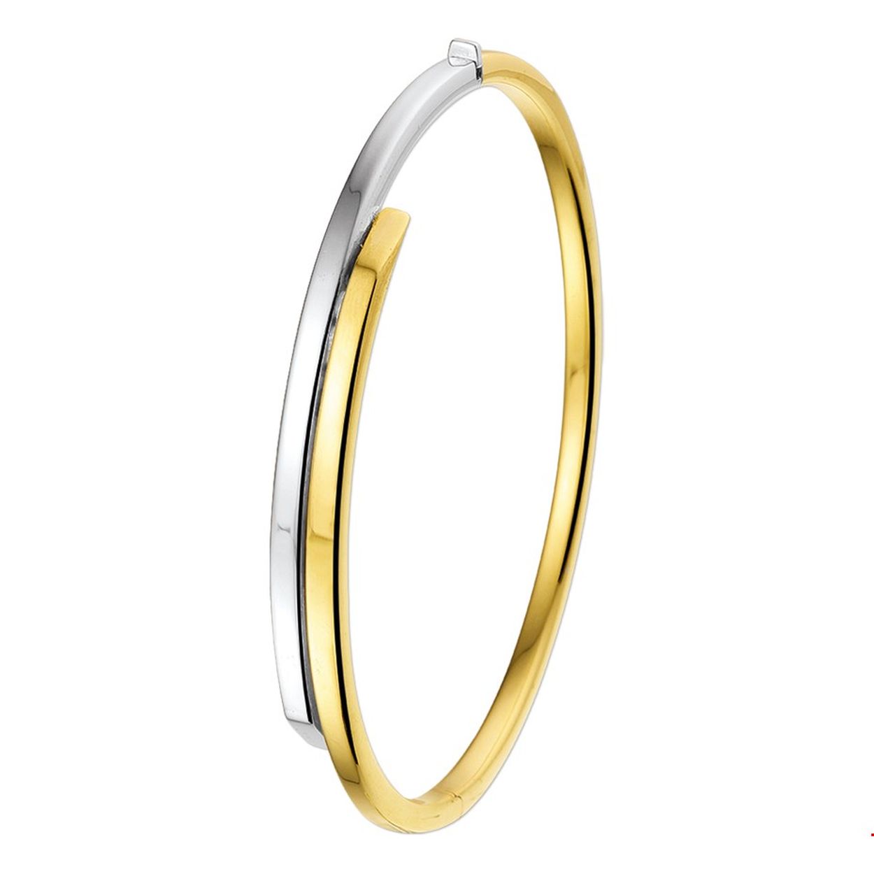Beschrijving: Bicolor wit- en geellgouden slavenarmband met een vlakke buis en een scharnier-sluiting. 
Breedte: 6 mm