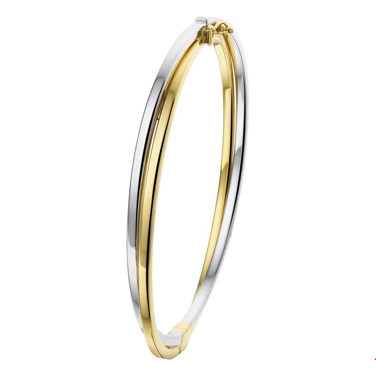Beschrijving: Bicolor wit- en geelgouden slavenarmband met een scharnier-sluiting. 
Verpakt per: 1
Doelgroep: dames
Breedte: 4.5 mm