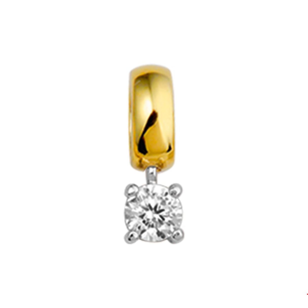 Beschrijving: Bicolor wit- en geelgouden hanger met zirkonia. 
Verpakt per: 1
Doelgroep: dames
Breedte: 3 mm
Hoogte: 7.5 mm
Zetting: solitaire (chatonzetting)
