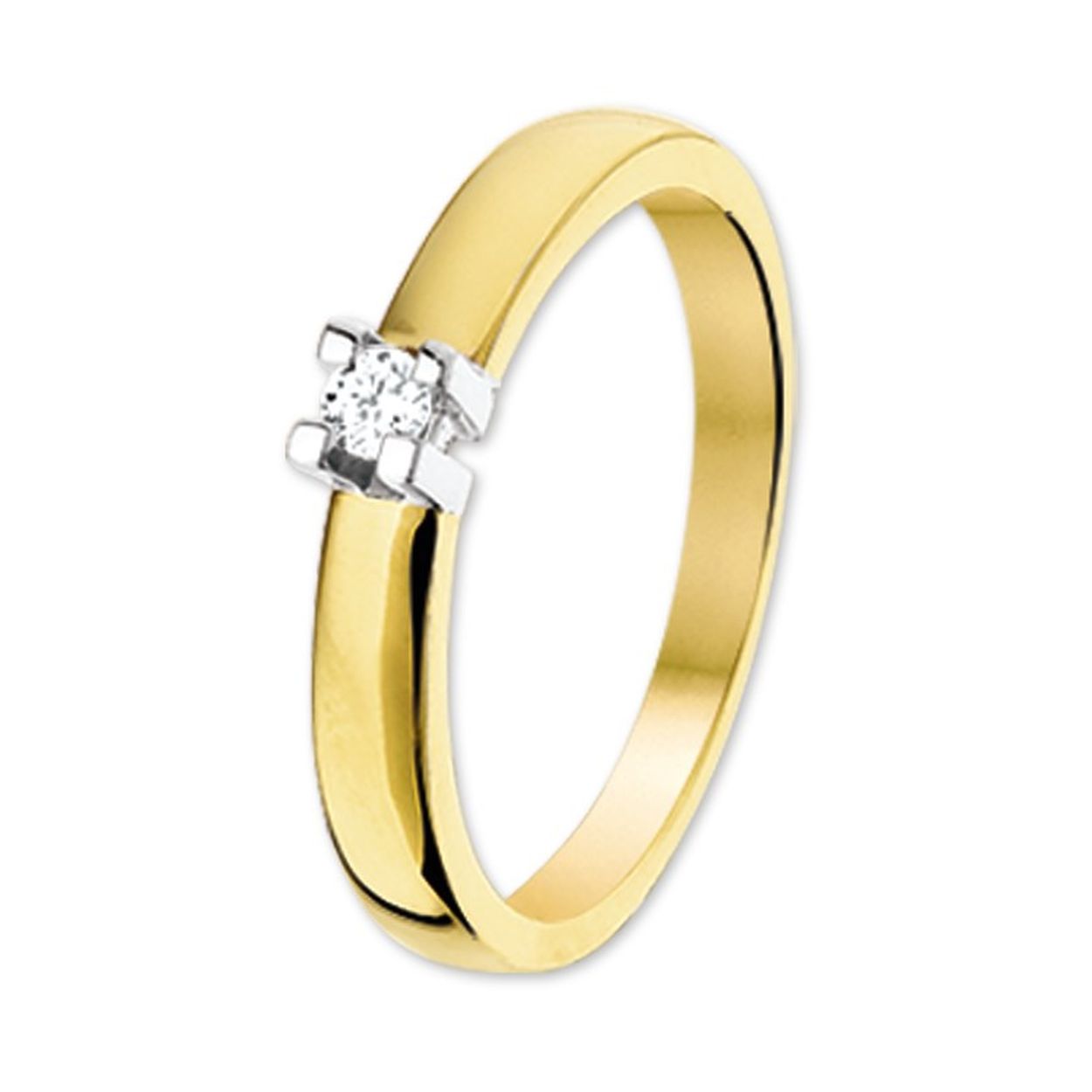 Beschrijving: Bicolor wit- en geelgouden ring met diamant. 
Uniekenummer serie: 26713
Verpakt per: 1
Doelgroep: dames
Ringmaat: 18.00 mm (57)
Breedte: 4 mm
Zetting: solitaire (chatonzetting)