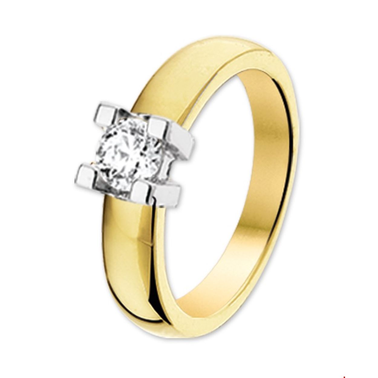 Bicolor wit- en geelgouden ring met chaton zetting 0.25ct SI-W diamant. Ringmaat: 17.00 mm (53) Breedte: 4.5 mm