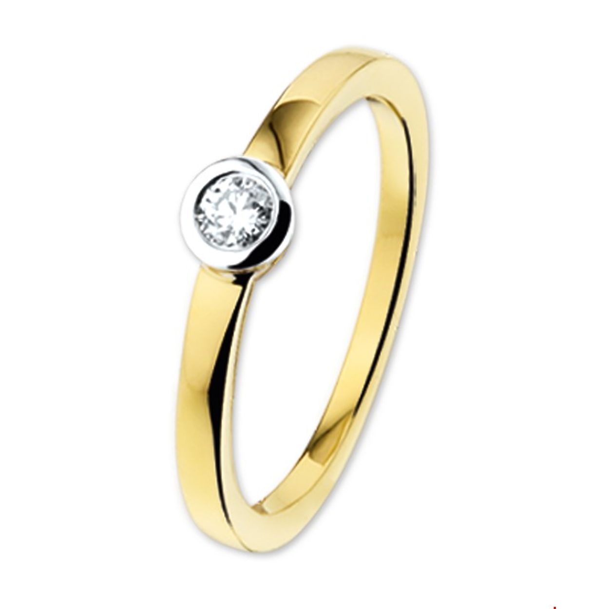 Bicolor wit- en geelgouden ring met diamant.

Gender: dames
Ringmaat: 18.00 mm (57)
Breedte: 4.5 mm
Zetting: solitaire (kastzetting)