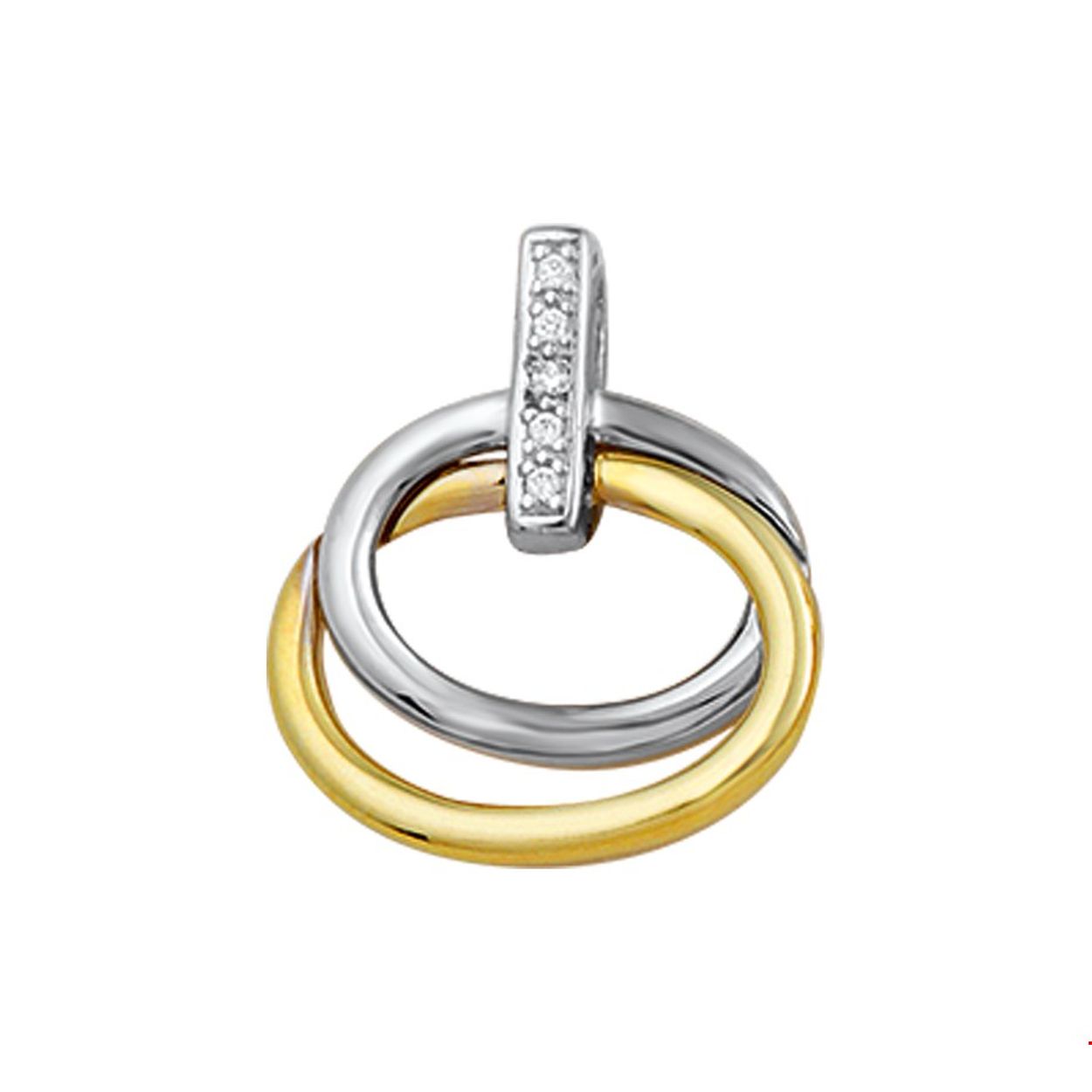 Beschrijving: Bicolor wit- en geelgouden hanger met diamant. 
Verpakt per: 1
Doelgroep: dames
Breedte: 15.5 mm
Hoogte: 18.5 mm