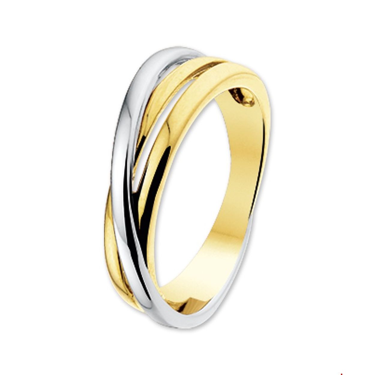 Bicolor wit- en geelgouden ring met sierlijke banden
Breedte: 6.5 mm Een ring die altijd te combineren is met wit of geelgouden sieraden.