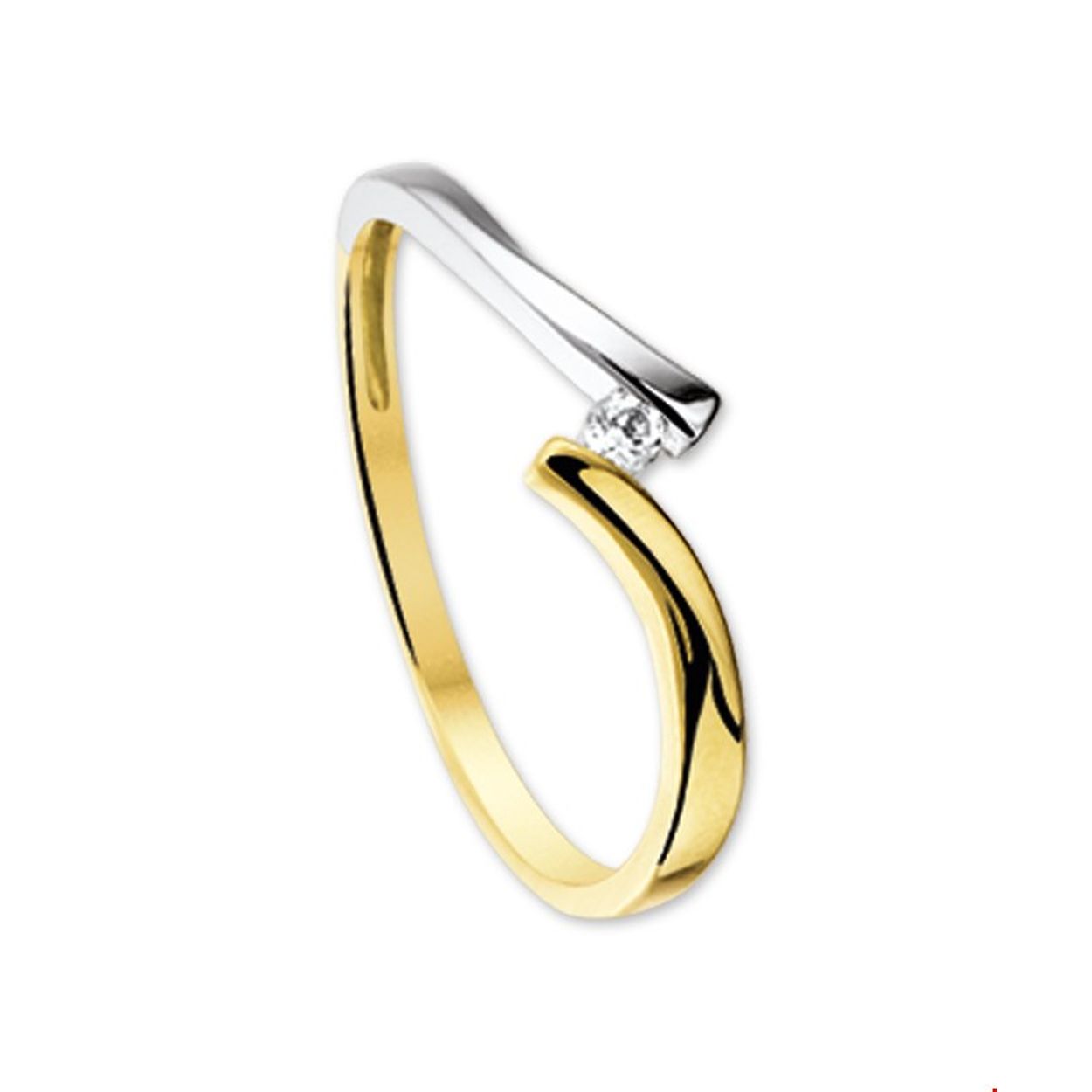  Bicolor wit- en geelgouden ring met zirkonia. 
Uniekenummer serie: 30430
Verpakt per: 1
Doelgroep: dames
Ringmaat: 17.50 mm (55)
Breedte: 5 mm
Zetting: solitaire (span zetting)